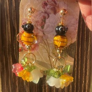 Busy Bee and Flower Dangle Earrings